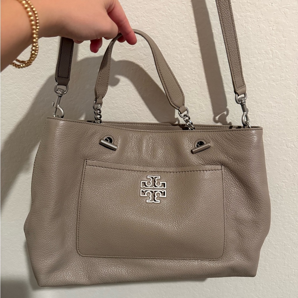 Tory Burch Taupe Pebbled Leather Shoulder Bag with Silver Logo
